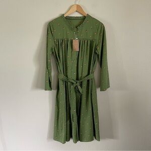Soolinen Floral Embroidered Belted Midi Button Front Dress Green Size Large